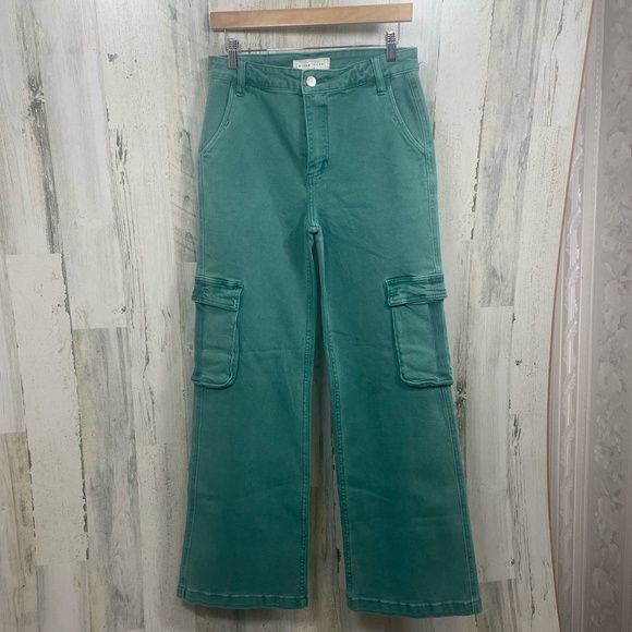 Risen Wide Leg Cargo Jeans Pants High Rise size 7/28 Jade Teal Utility - Picture 1 of 9